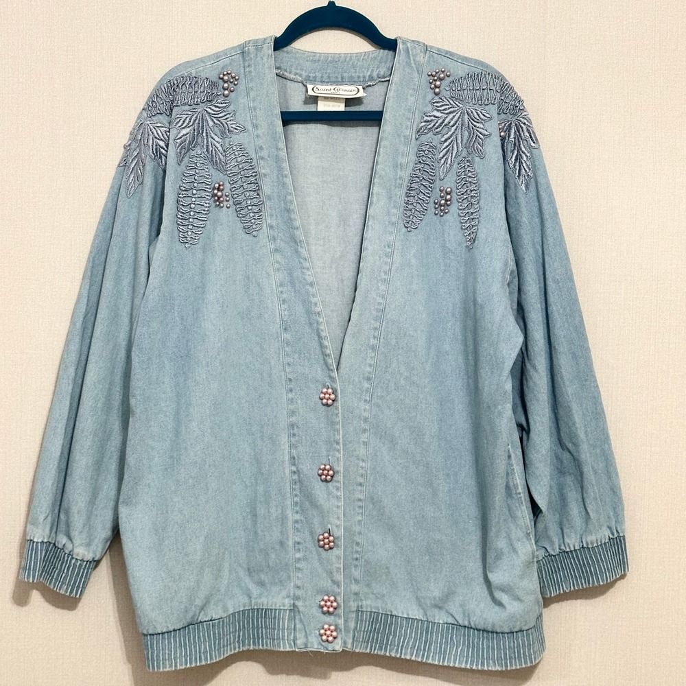 Vintage 80s‎ Chambray Denim Jacket Pearl Embroidered Beaded Medium